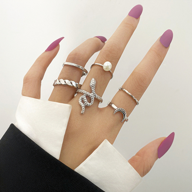 Heart Rings Set Silver Black Alloy Hollow Pearl Love Rings Couples Lovers Valentine's Day Party Gift for Women Girls