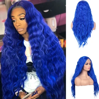 

RONGDUOYI Blue Wig Long Loose Wave Hair Synthetic Lace Front Wig with Middle Part Heat Resistant Fiber Natural Wigs for Women