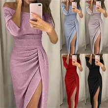 womens Party Dress sexy Shiny Off Shoulder Ruched Thigh Slit Dress Sexy Club Wrist Sleeve Women Dress