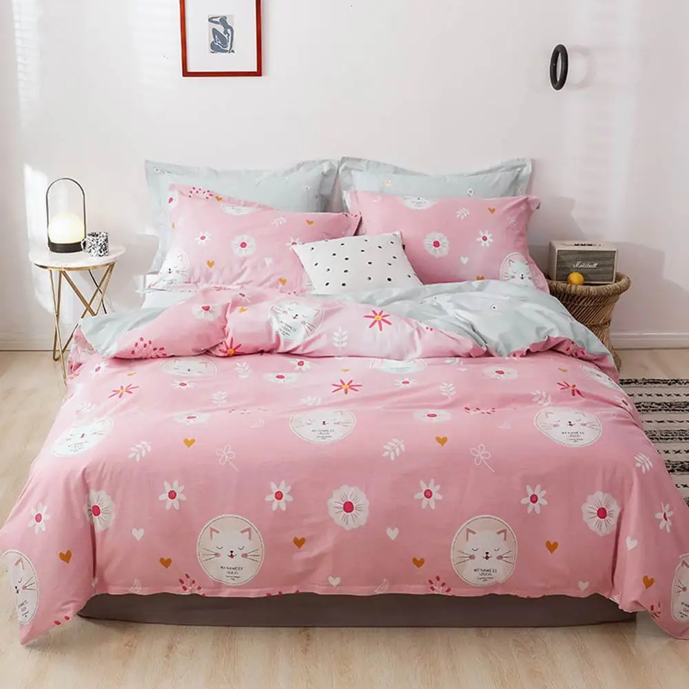 

2019 Pink Cats White Flowers Duvet Cover Set Flat Fitted Sheet Cotton Bedlinens Hypoallergenic Twin Queen King Bedlinens