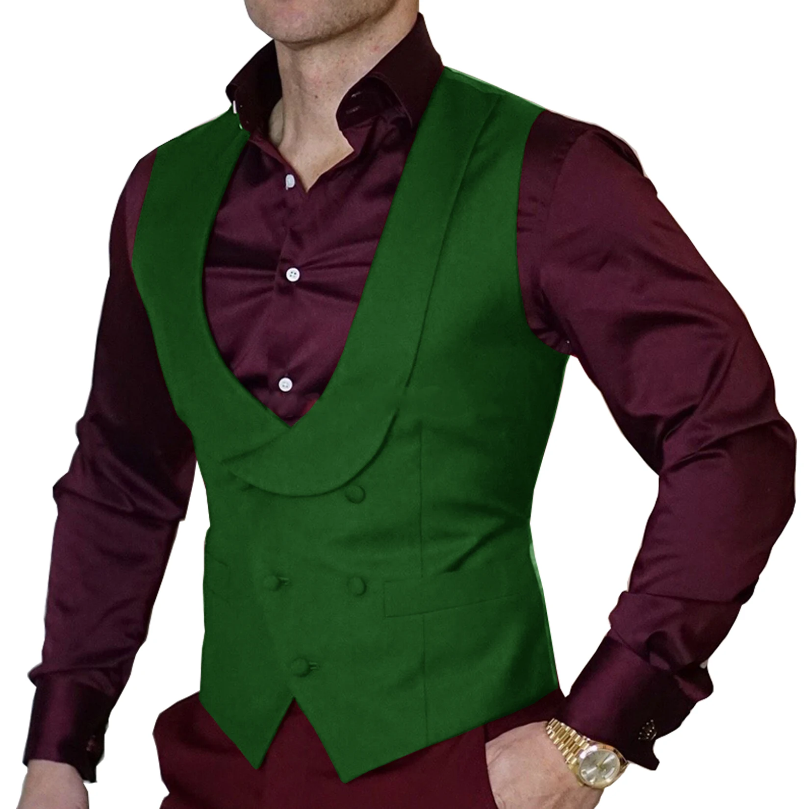 Double-Breasted Burgundy Waistcoat Wedding Men's Suit Vest Shawl Lapel Slim Waistcoat Steampunk 5
