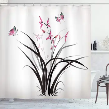 

Butterflies Decoration Collection, Chinese Orchid and Butterfly Exotic Wild Mysterious Ink Style Print Home, Polyester Fabric
