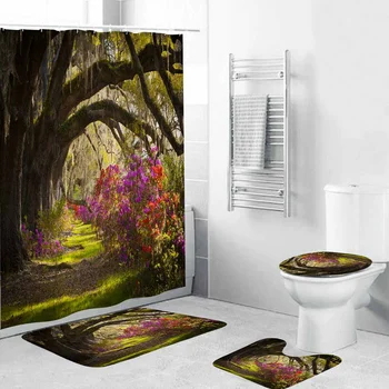 

180x180cm Bathroom Set Shower Curtain Non-slip Mats Bath Carpets Toilet Seat Cover Lid Floor Mat Bathroom Decor Lane In Forest