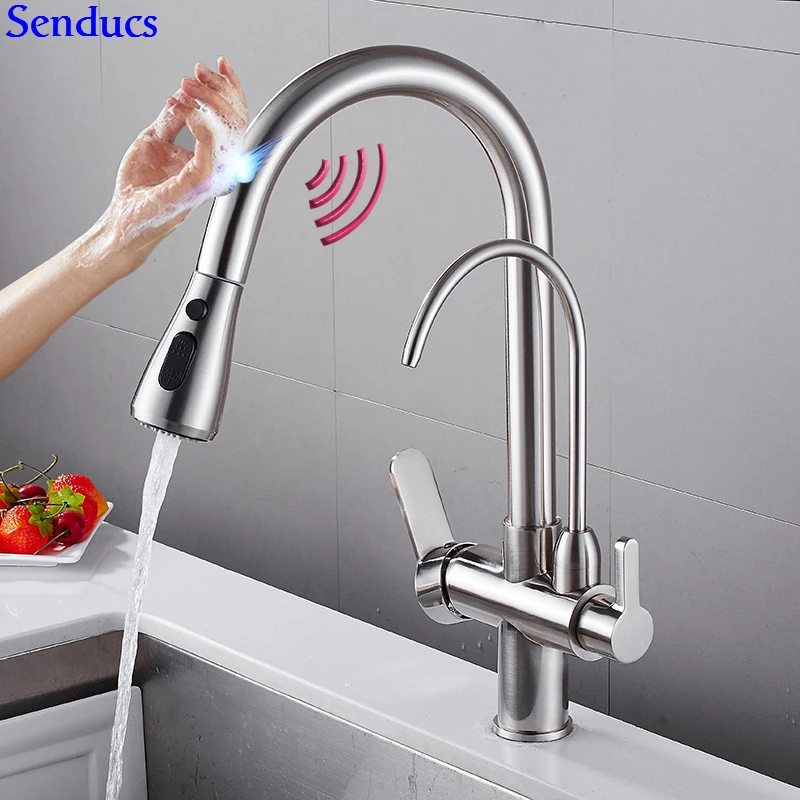 Сенсорный фильтр для воды кран Senducs выдвижной сенсорный датчик кухонный кран качественный латунный автоматический матовый датчик кухонный смеситель