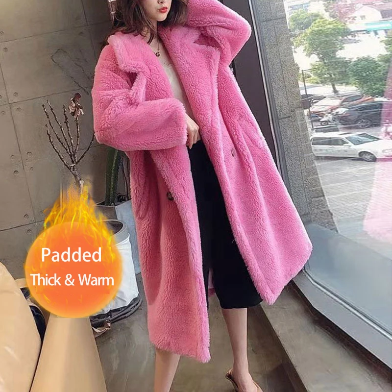 Розовая длинная плюшевая куртка, пальто для женщин, зима, толстая теплая верхняя одежда большого размера, женское повседневное пальто, пальто из искусственного меха с медвежонком