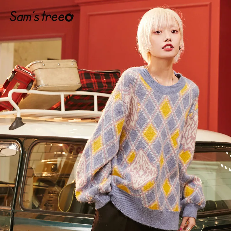 Ceny SAM S TREE Pink Argyle Colorblock dzianinowy sweter Casual Women swetry 2020 Winter Blue latarnia rękaw koreański miękkie bluzki damskie