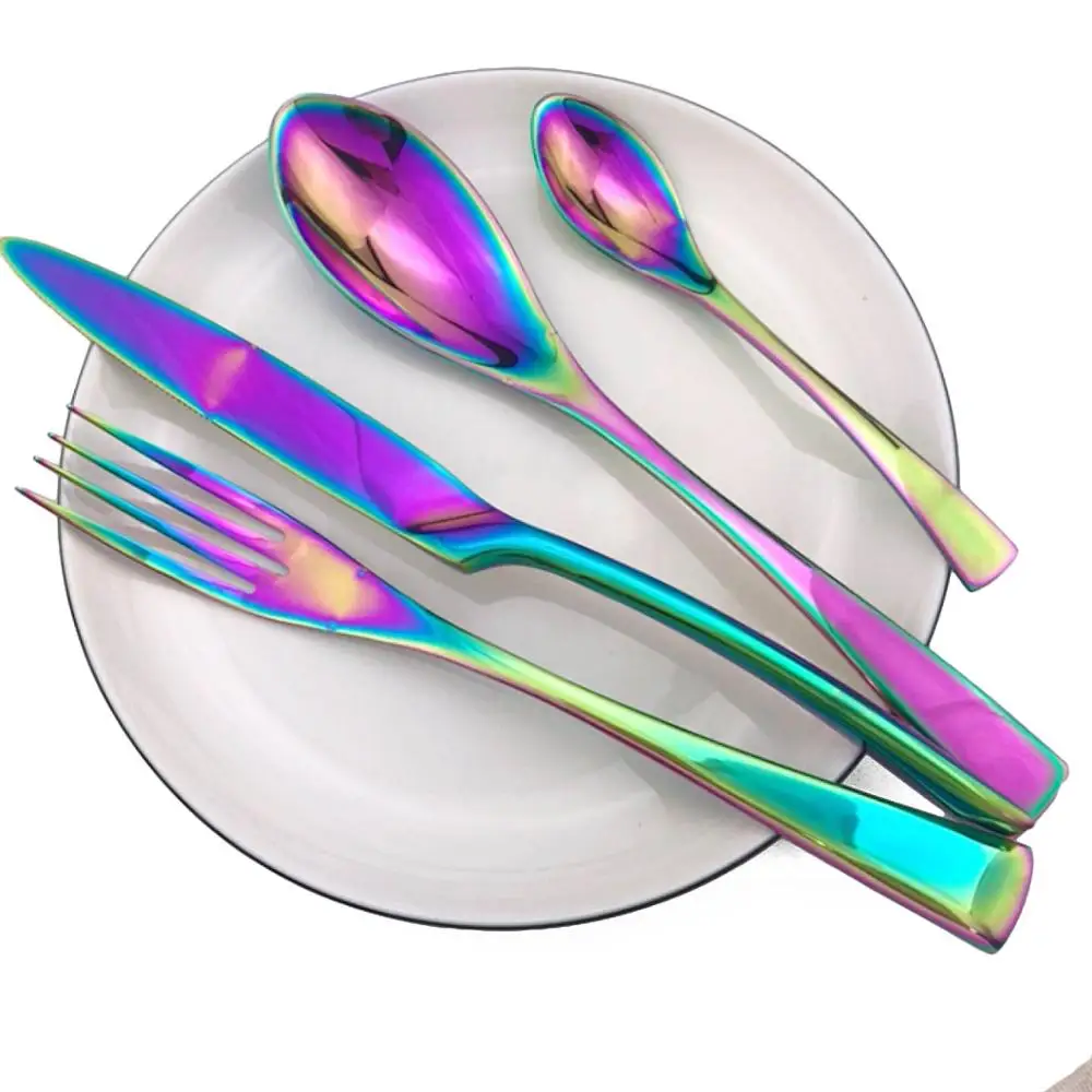 4 шт./компл. синий черный Радужный Металлический Набор посуды многоразовый набор столовых приборов 304 нож из нержавеющей стали Настольная вилка, ложка, посуда набор - Цвет: Rainbow