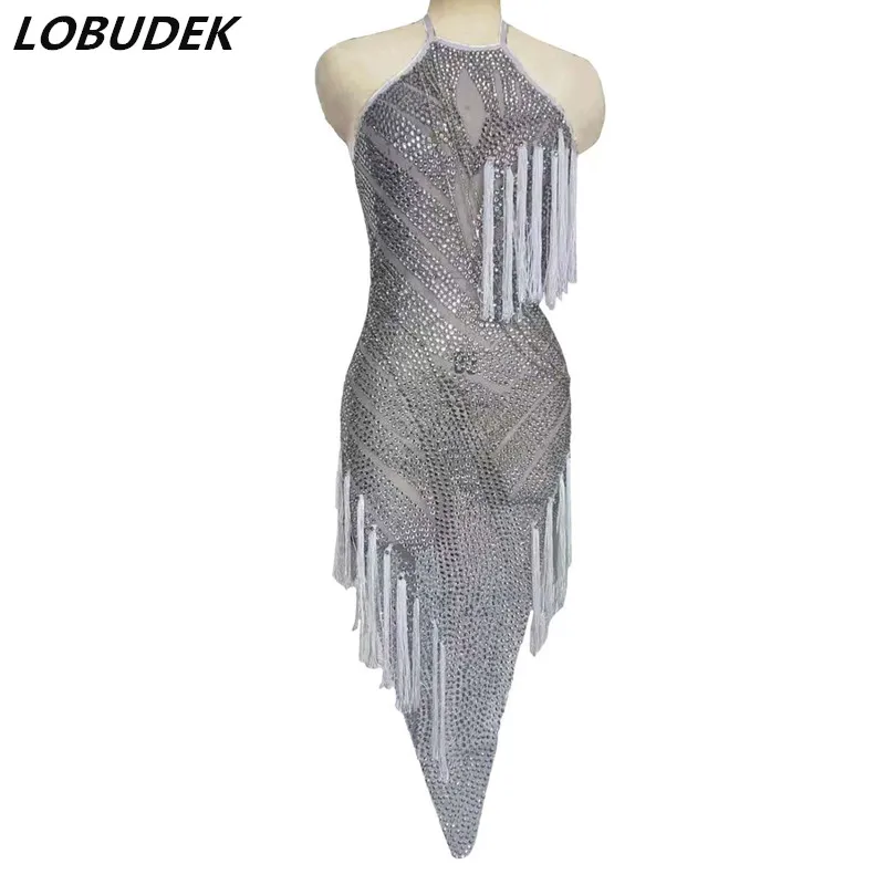 

Adult Latin Dance Dress Stage Competition Silver Pink Rhinestones Tassel Halter Dress Evening Party Show Singer Dancer Costume