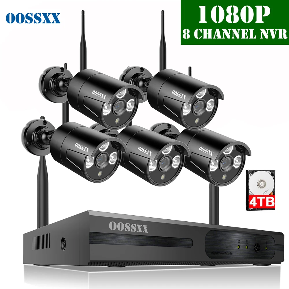 

OOSSXX 8CH Wireless NVR Kit CCTV Camera System 5pcs 1080P 2.0MP Indoor Outdoor IP Security Camera Wifi Video Surveillance System