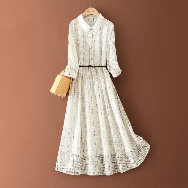 

2021 Summer Women Dress Net Yarn Lapel Female Retro New Waist Was Thin Elegant Short-Sleeved Splice Long White DressYM184