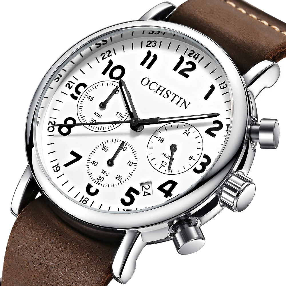 OCHSTIN Pilot Mens Watches Top Brand Luxury Cowhide Leather Luminous Quartz Man Retro Wrist Watch Vintage Chronograph Clock 39mm
