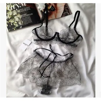

2PCS Sexy Women Black Lace Erotic Underwear Crochet Lingerie Set Hollow Strappy Bra Panties Hot Sleepwear