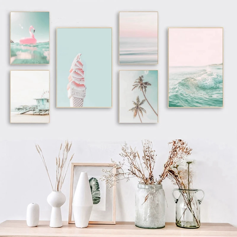 

Beach Wall Art Prints Blue Pastel Posters and Prints Wall Picture Nursery Retro Summer Art Canvas Painting Home Decor