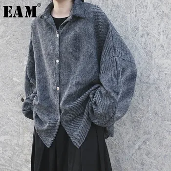 

[EAM] Women Gray Brief Thick Big Size Blouse New Lapel Long Sleeve Loose Fit Shirt Fashion Tide Spring Autumn 2020 1W399