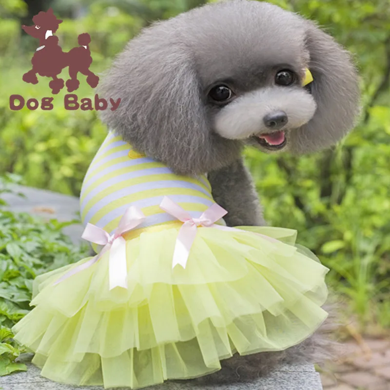 PUOUPUOU, элегантная полосатая одежда для собак, милый костюм для собак, юбка с бантом для маленьких щенков, летняя одежда для собак, мультяшная одежда, Ropa Para Perro - Цвет: Yellow