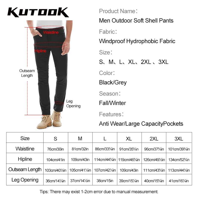 KUTOOK Men Trekking Pants Winter Cargo Pants for Man Waterproof Thermal Outdoor Hiking Softshell Camping Trousers Clothing