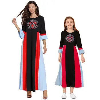 

Muslim Women Abaya Mother Daughter Dress Islamic Kaftan Party Jilbab Parent Child Half Sleeve Embroidery Family Matching Outfits