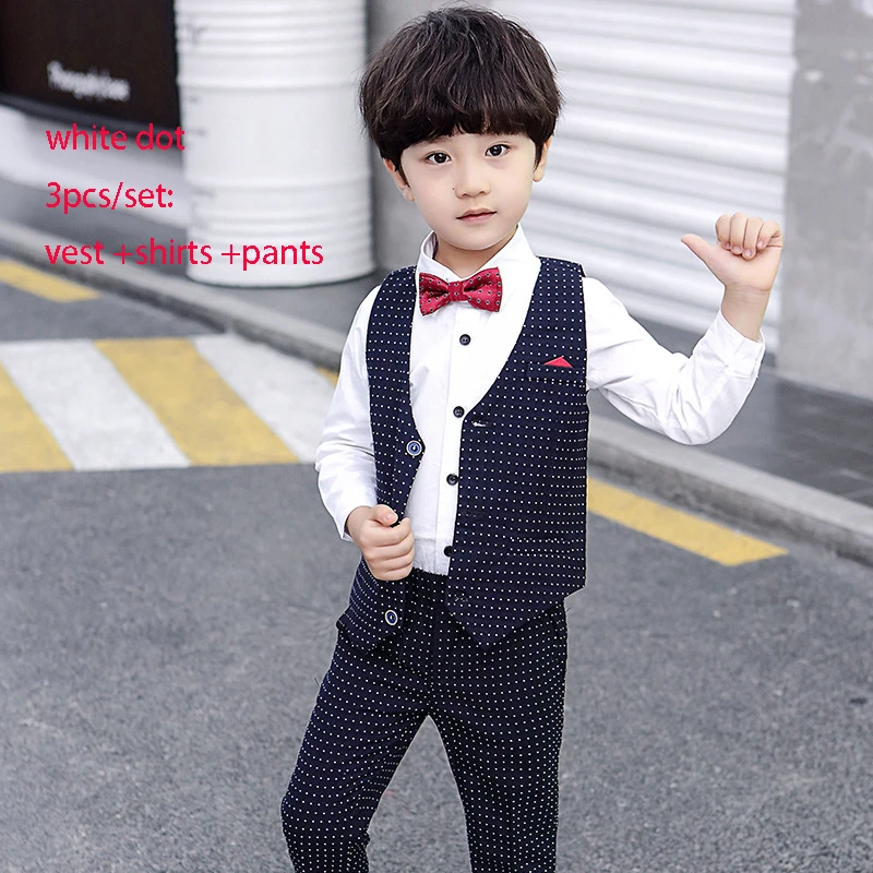 white 3pcs Детский весенне-осенний комплект одежды с цветочным принтом для мальчиков, Британский костюм для свадебного торжества детский жилет в горошек, рубашки и штаны, комплекты одежды - Цвет: white 3pcs