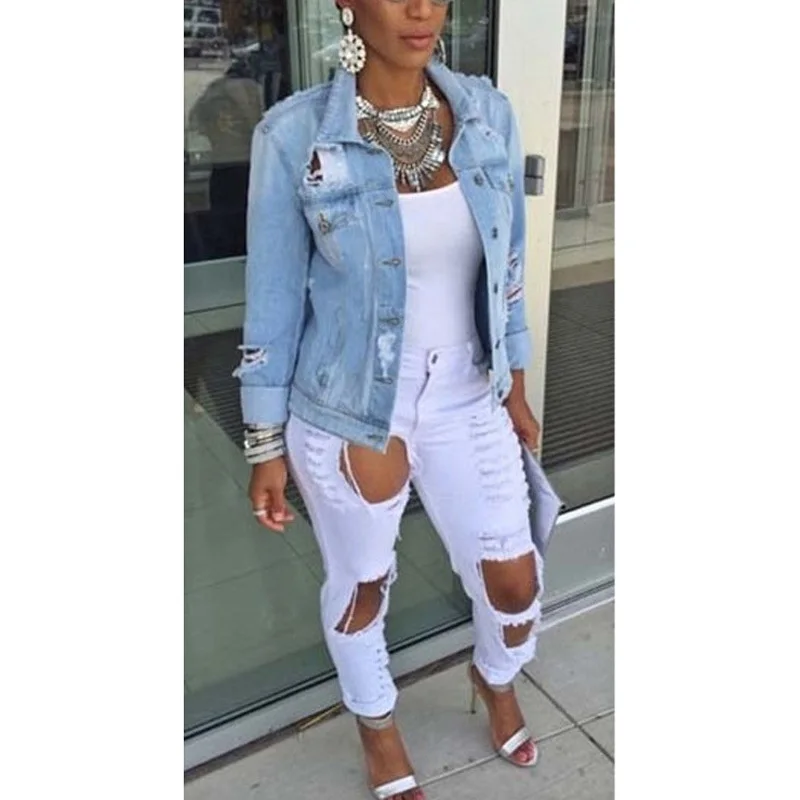 Best Coat Women Autumn Casual Jackets Oversized Boyfriend Style Outwear Ripped Denim Jacket With Hole