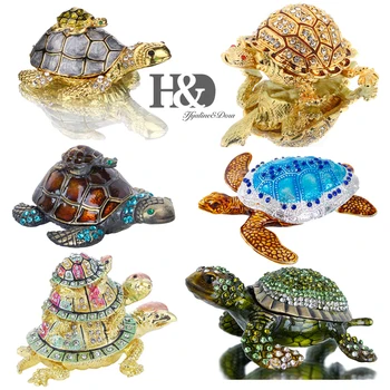 

H&D Hand-painted Bejeweled Turtle Figurine Jewelry Box Hinged Metal Trinket Boxes Animal Collectible Ring Holder Wedding Decor