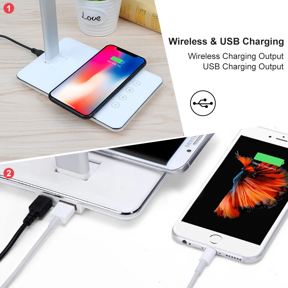 LED Table Lamp QI Wireless Charging Multi-Function LED Desk Lamp Desktop Light Dorm Room Modern Off