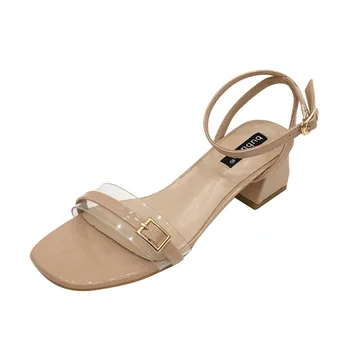 

2019 summer new ladies sandals word buckle with square head open toe thick with crystal Korean fashion with women's high heels
