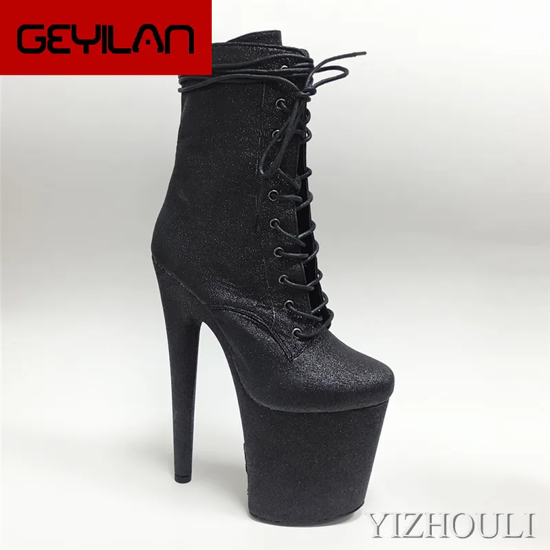 

Black sequined pole dancing boots, 20 cm round heel shoes, 8 inch model banquet club show ankle boots