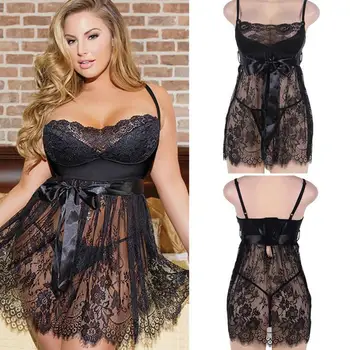 

Sexy Erotic Lingerie Women Lace Hollow-out Night Dress Plus Size Pijama Sleepwear See Through Underwear Night Gown Black 5XL