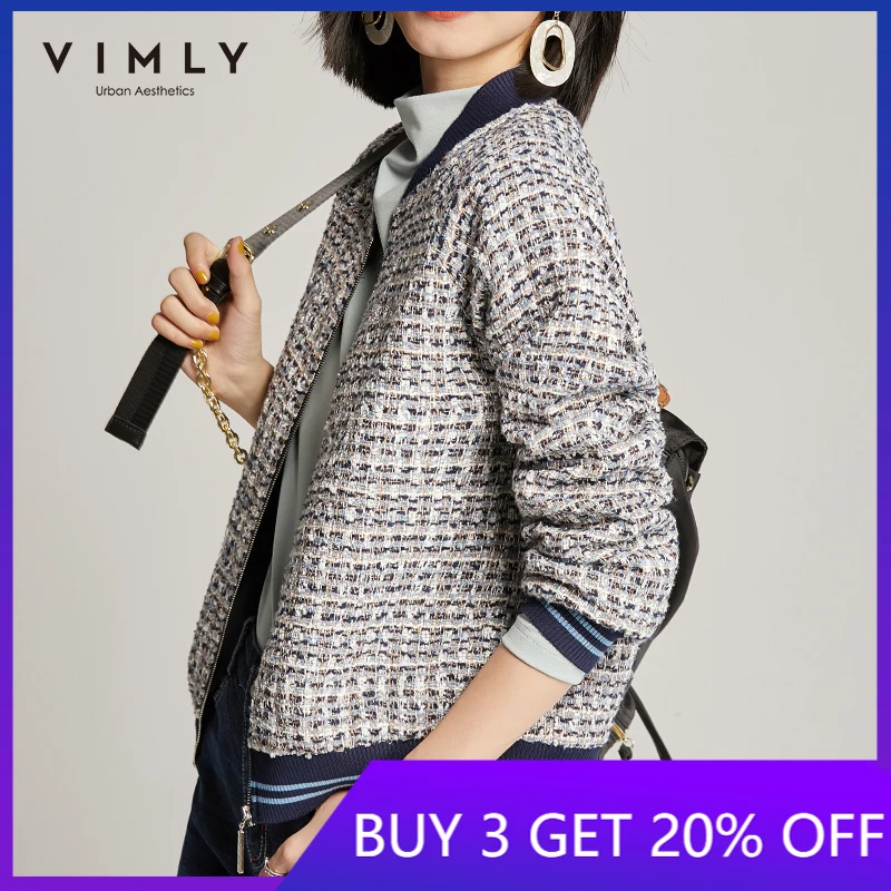 Chaqueta corta Vimly para mujer 2020, ropa de Invierno para mujer, chaqueta Vintage con cremallera de Tweed y de retales, chaqueta femenina Veste 97902