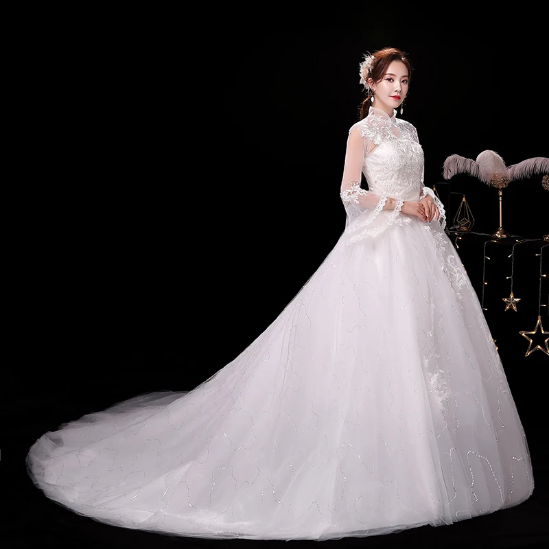 Vestidos De Novia мусульманское винтажное свадебное платье с длинным рукавом с высоким вырезом и шлейфом Плюс Размер свадебное платье халат De Mariage Sirene
