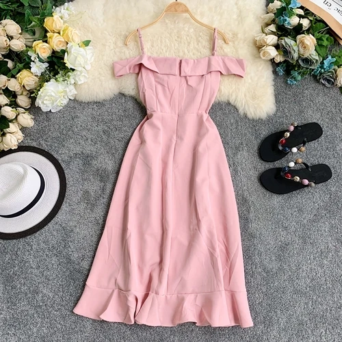 pink Neploe Solid Chic Women Dress Summer New V-Neck Sleeveless Camis Vestidos Irregular Ruffles Slim Waist Ladies Dresses 44498 - Цвет: pink