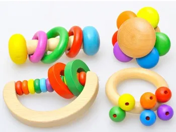 

Free shipping Exquisite flower bell, children's toys, rattles, log with the rainbow bell, a set of four, Baby wooden toys