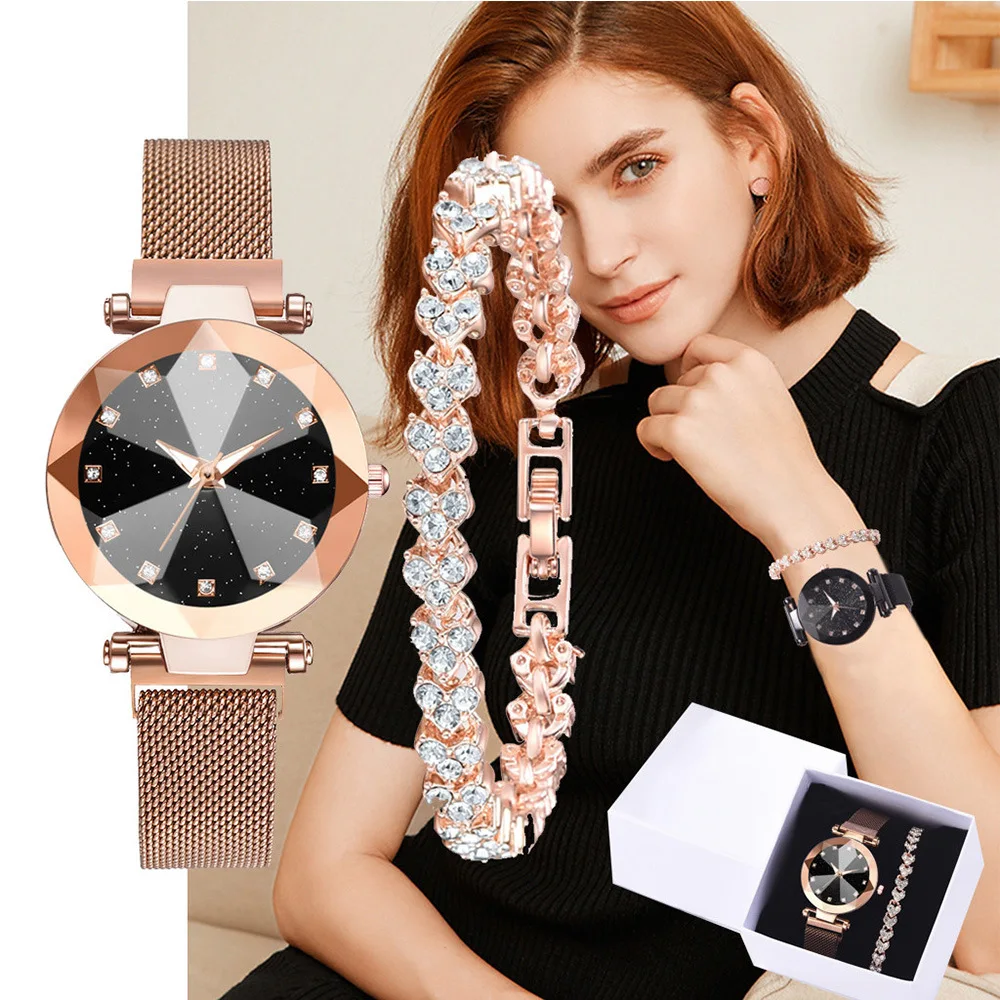 

2pcs/set Bracelet watch luxury women starry sky magnet quartz watch clasp fashion rhinestone bracelet watch clock