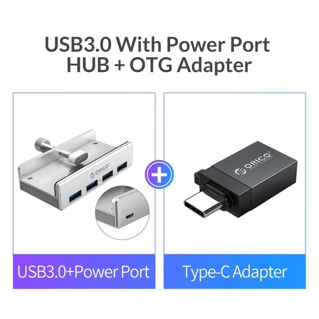 ORICO Clip-type USB 3.0 HUB Aluminum External Multi 4 Ports USB Splitter Adapter for Desktop Laptop Computer Accessories(MH4PU) Power Adapter Silver