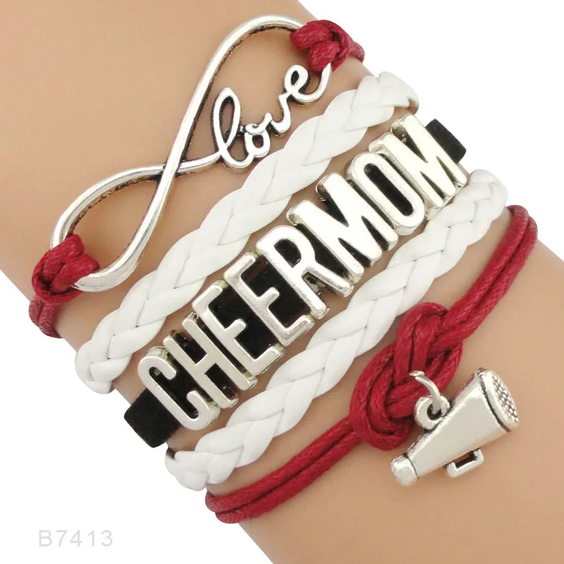 Бесконечность, любовь, сердце, Мегафон, надпись Cheer MOM, болельщик, амулет команды, для девушек, кожаные браслеты для женщин