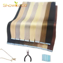 Showcoco Tape in Human Hair Extension Natural Human Hair Straight Machine-Made Remy Hair 16-24 Inch Adhensive Extension 20/40pcs