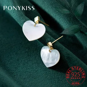 

PONYKISS 100% 925 Sterling Silver Shell Heart Dangle Drop Earring Romantic Delicate Heart Earrings Party Lovely Accessory Gift