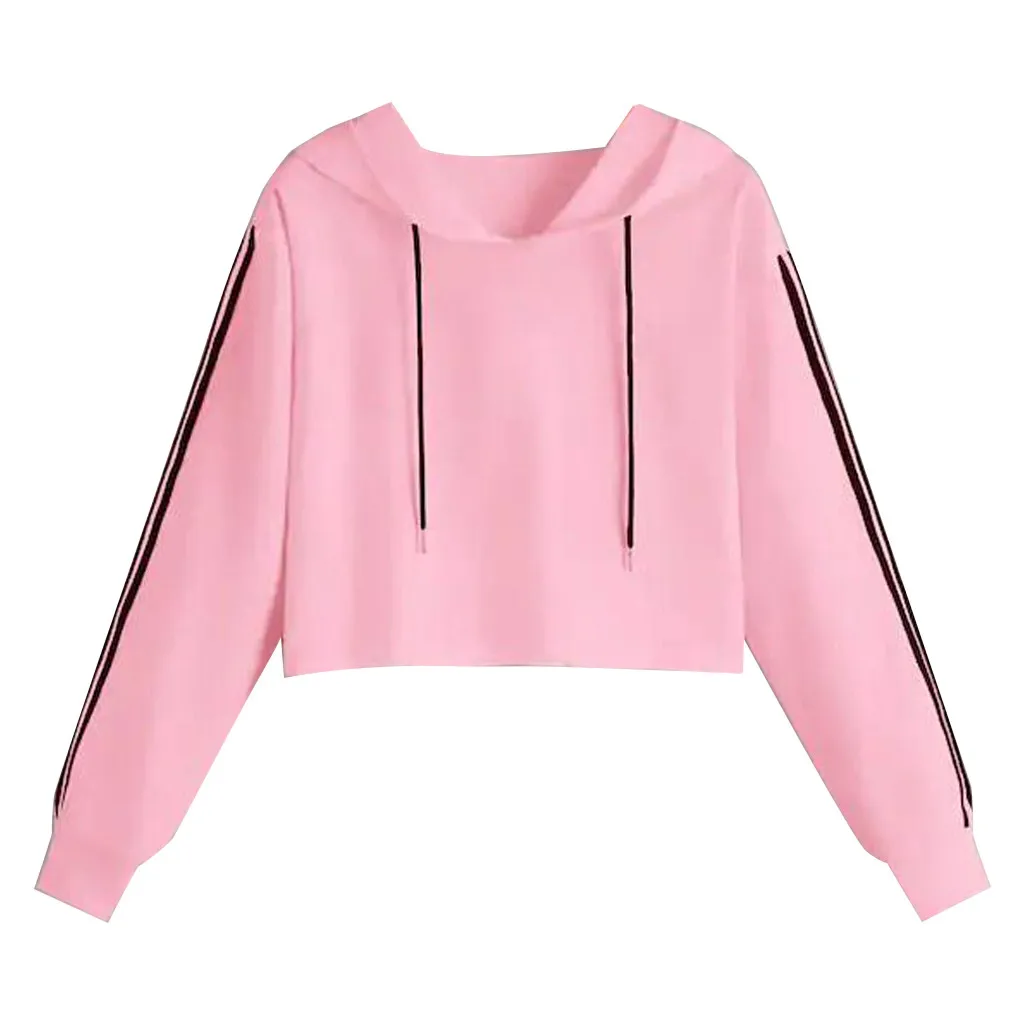 Jaycosin Fashion Leisure Long Sleeves Drawstring Stripe Hooded Pullovers Tops Loose Casual Women