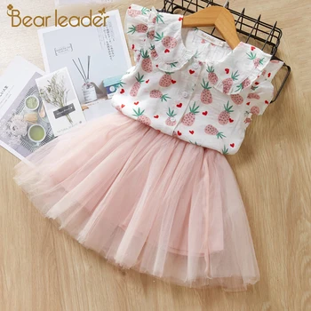 

Bear Leader Girls Dress 2020 New Children Clothing Sling Off-the-shoulder Dress Children's Clothes Set Lace Top + Wave Dress Set