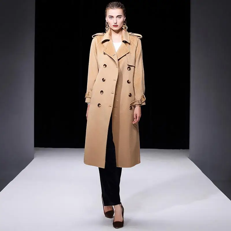 Зимнее корейское модное высококачественное кашемировое пальто большого размера с гофрированной водой, женское двустороннее шерстяное розовое длинное шерстяное пальто - Цвет: CAMEL