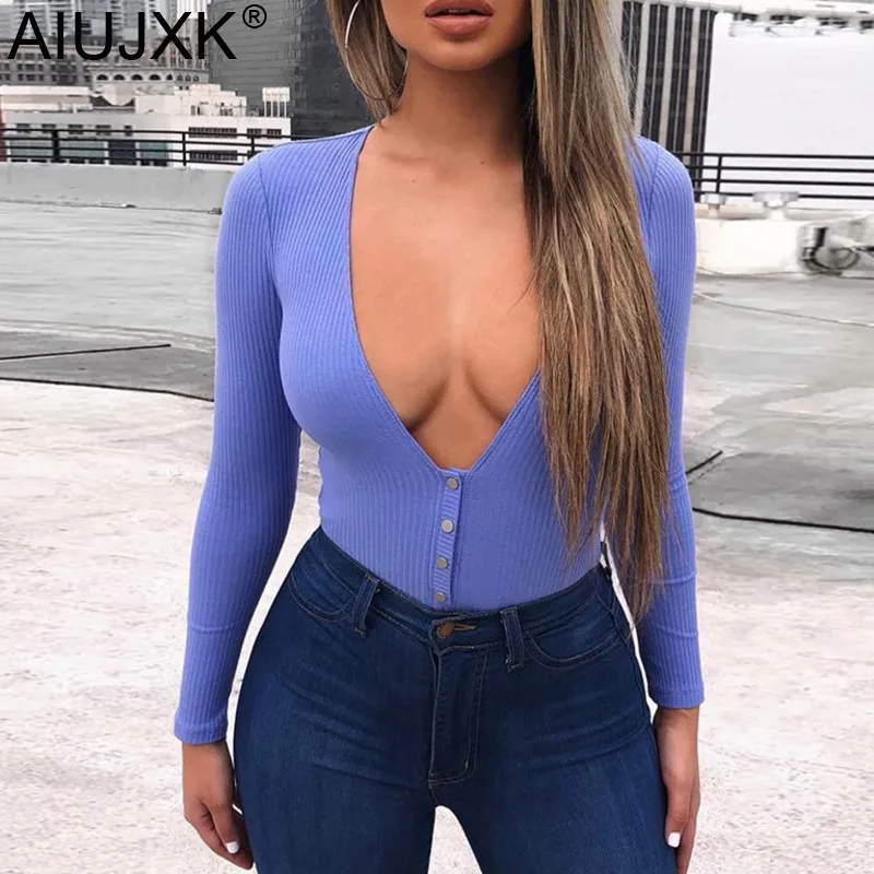 

AIUJXK Long Sleeve Deep V Neck Bodysuit Women 2019 Autumn Winter Button Casual Body Top For Female Club Sexy Ribbed Bodysuits