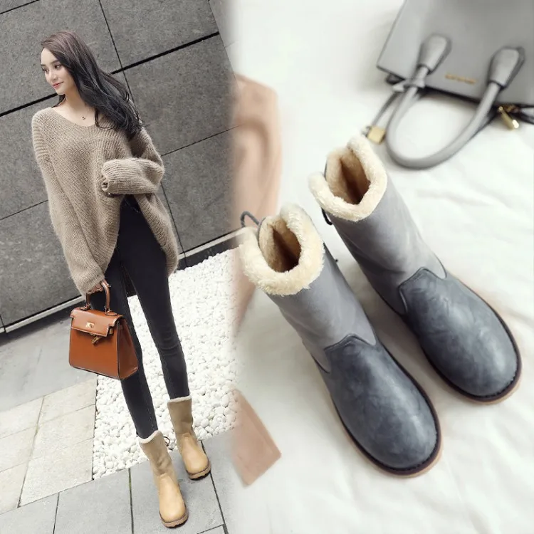 

Snow Boots New Style Winter Thick Warm Middle Boots Flat Heel Tie-Back round-Toe Snow Boots T3108