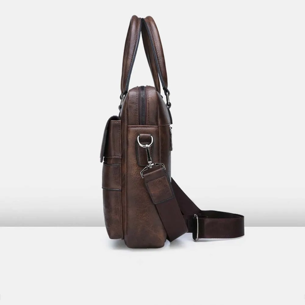 Retro Men Bag Faux Leather Briefcase Solid Large Capacity Tote Shoulder Bag Casual Business Laptop Briefcase