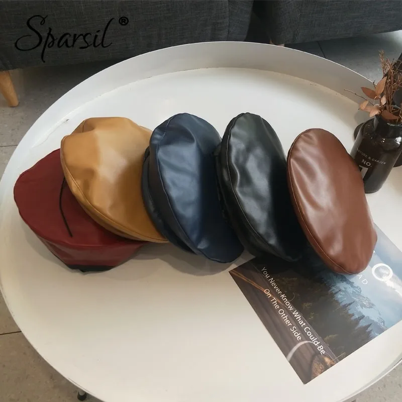 Sparsil, Женская Осенняя берет из искусственной кожи, одноцветная шапка в британском стиле, шапка в стиле ретро, зимняя шапка для женщин и мужчин, шапка, Прямая поставка