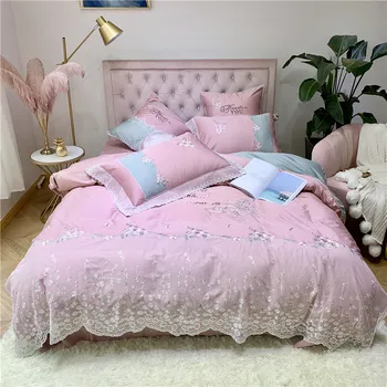 

Luxury Princess Style Pink Yellow 80S Egyptian Cotton Flowers Embroidery Lace Bedding Set Duvet Cover Bed sheet/Linen Pillowcase