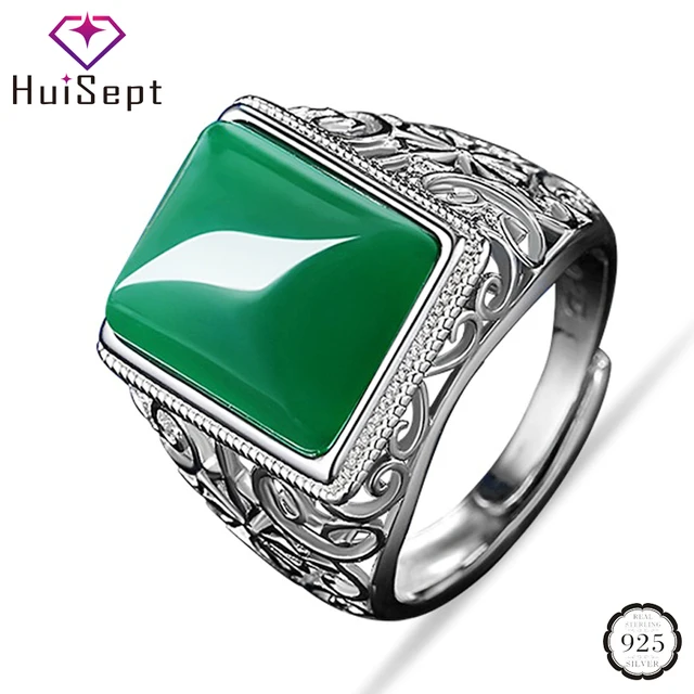 HuiSept 925 Silver Ring Jewelry for Men Geometric Shape Emerald Gemstone Rings Ornaments for Wedding Anniversary Gifts Resizable 1