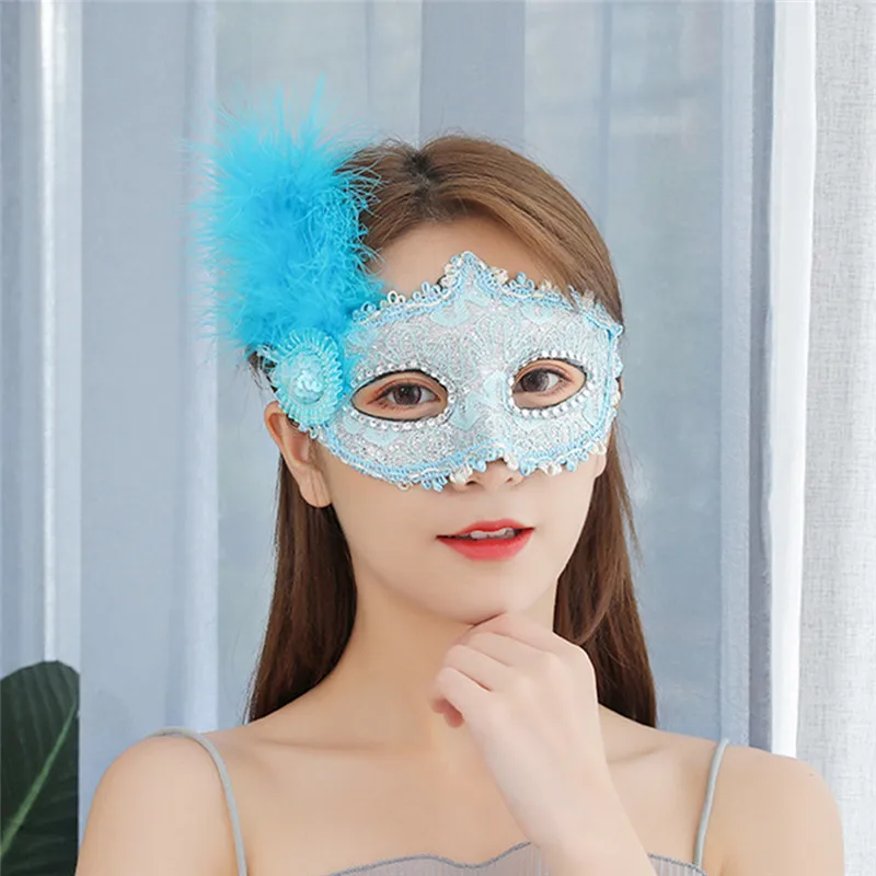 

2019 Women Lace Eye Face Mask Masquerade Prom Halloween Party Props Ladies Sequins Feather Mask