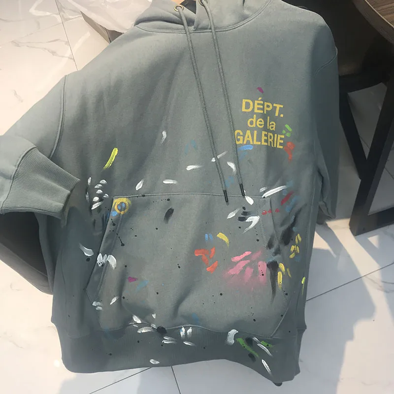 

Hip-Hop Streetwear Graffiti Gallery Dept Hoodie Men Women Autumn Winter Heavy Fabric Manual Splash Ink Gallery Dept Pullover