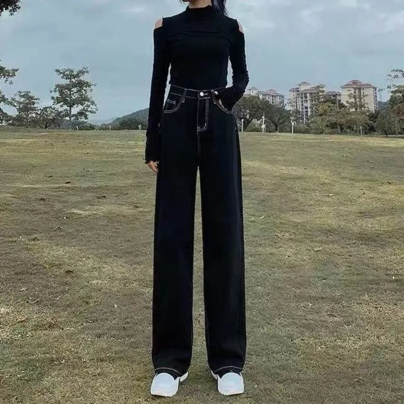 

Vintage High Waist Black Jeans Women Korean Version Vintage Of Loose Thin Wide-leg Pants College Style Wild Straight-leg Pants