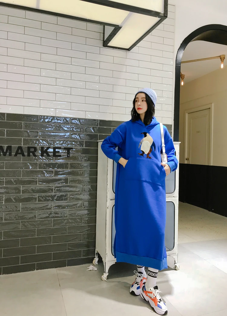 Осенне-зимний женский с капюшоном платье повседневное свободное с карманом флисовое длинное платье пуловер синий серый пингвин теплый свитер женские платья